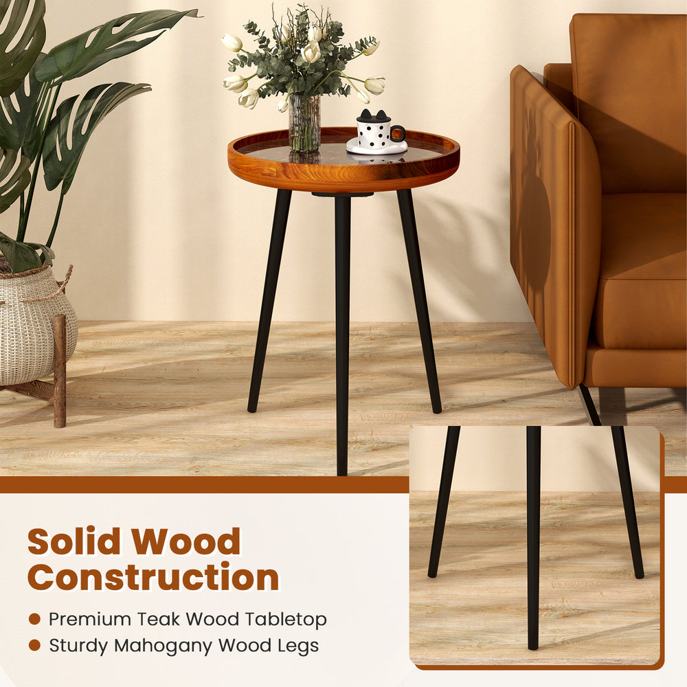 Round end table with handmade sea shell tabletop, epoxy resin finish, and sturdy mahogany wood legs for stylish decor.