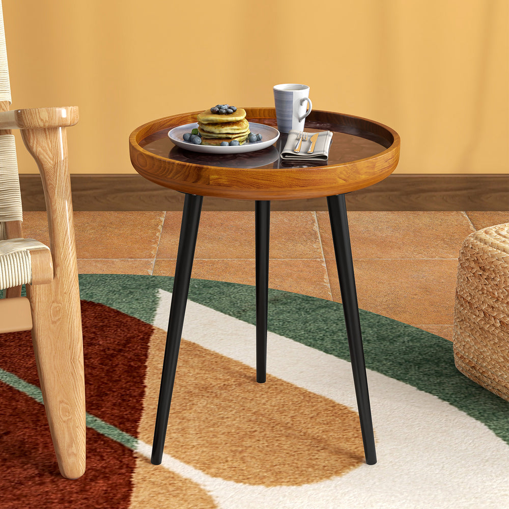 Round end table with unique sea shell design, epoxy resin finish, and sturdy mahogany legs for stylish decor.