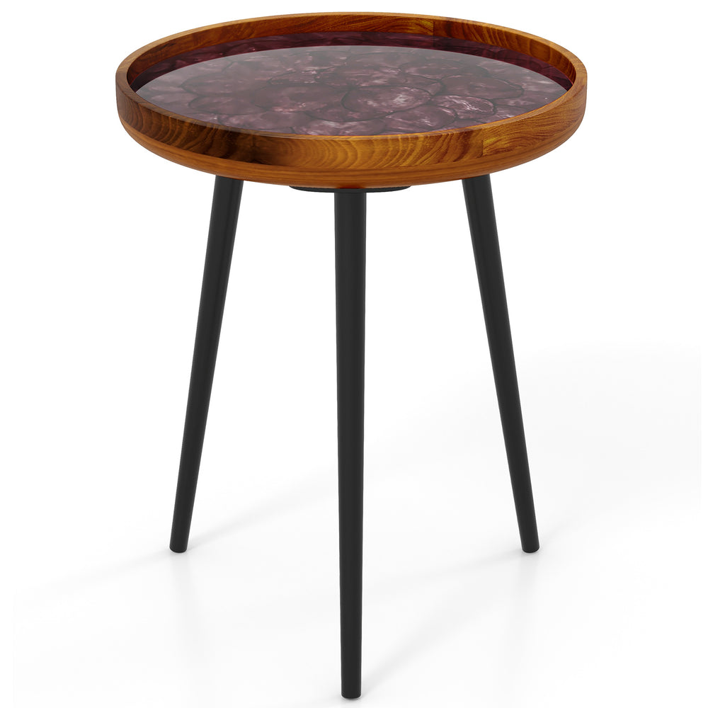 Round end table with sea shell decoration and epoxy resin finish, featuring a teak wood top and sturdy mahogany legs.
