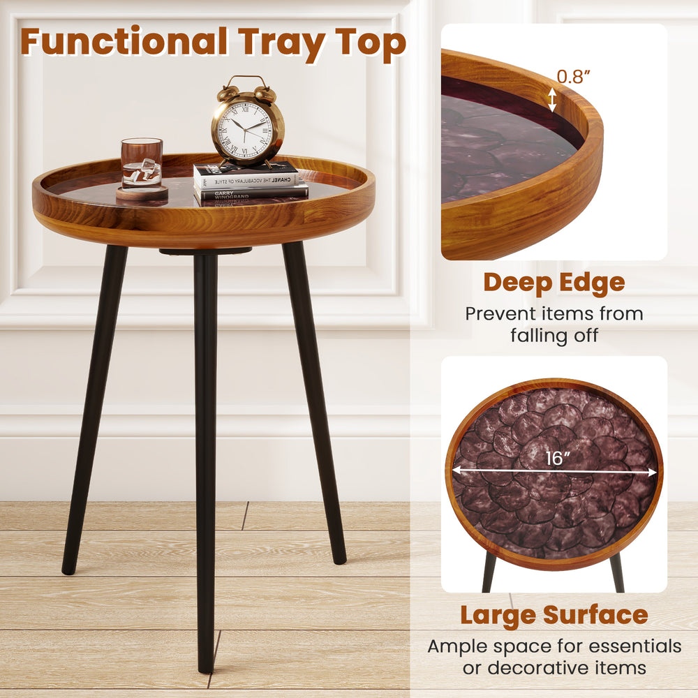 16-inch round end table with unique sea shell design, epoxy resin finish, and deep tray top for decorative items.