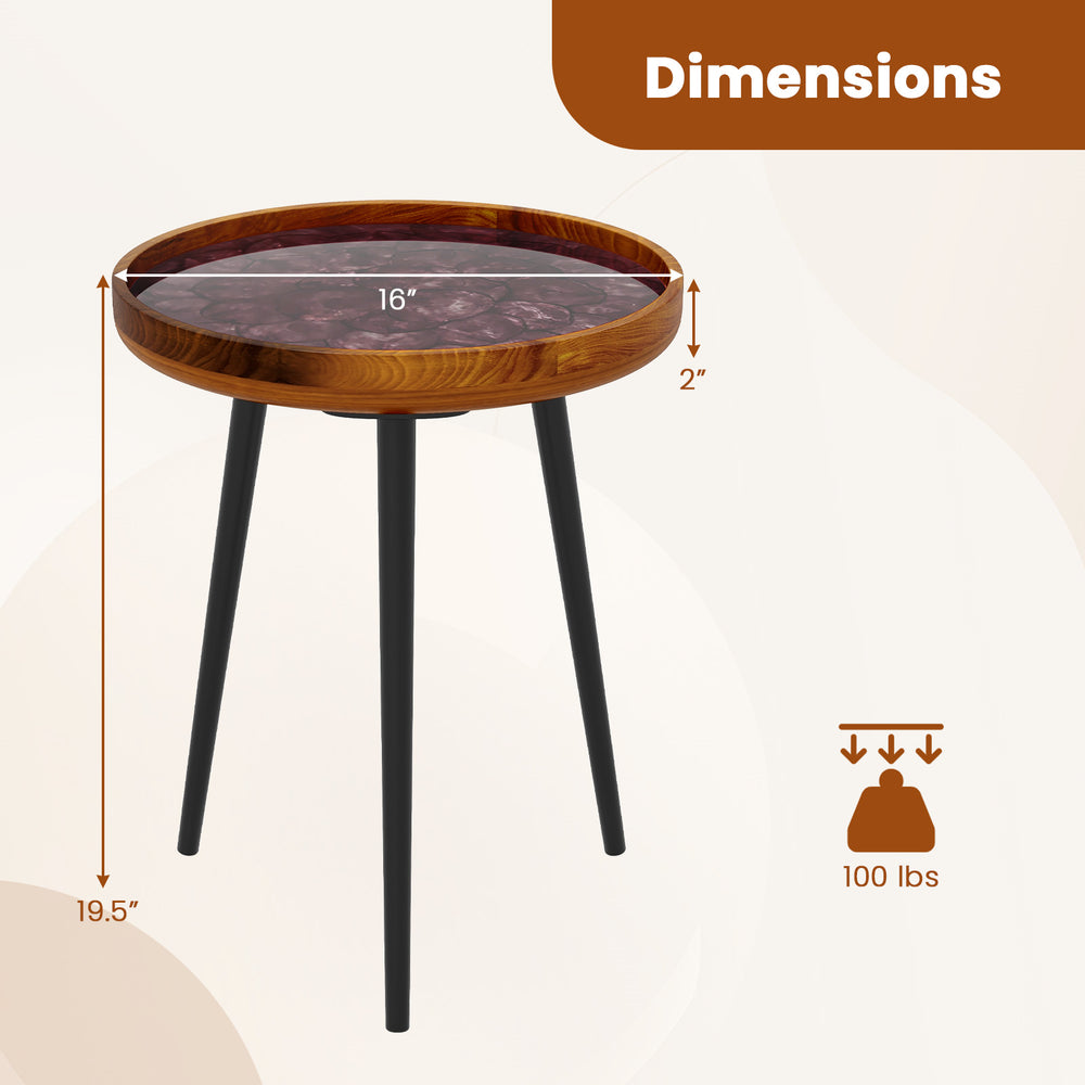 Round end table with sea shell decoration, epoxy resin finish, and sturdy mahogany legs, perfect for decorative items.