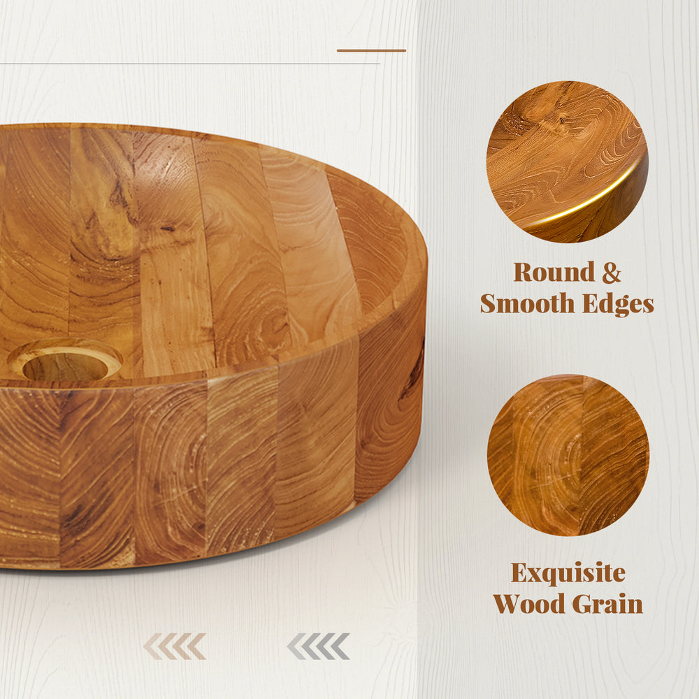 Teak wood washbasin with smooth finish, rounded corners, and exquisite wood grain, ideal for kitchens and bathrooms.