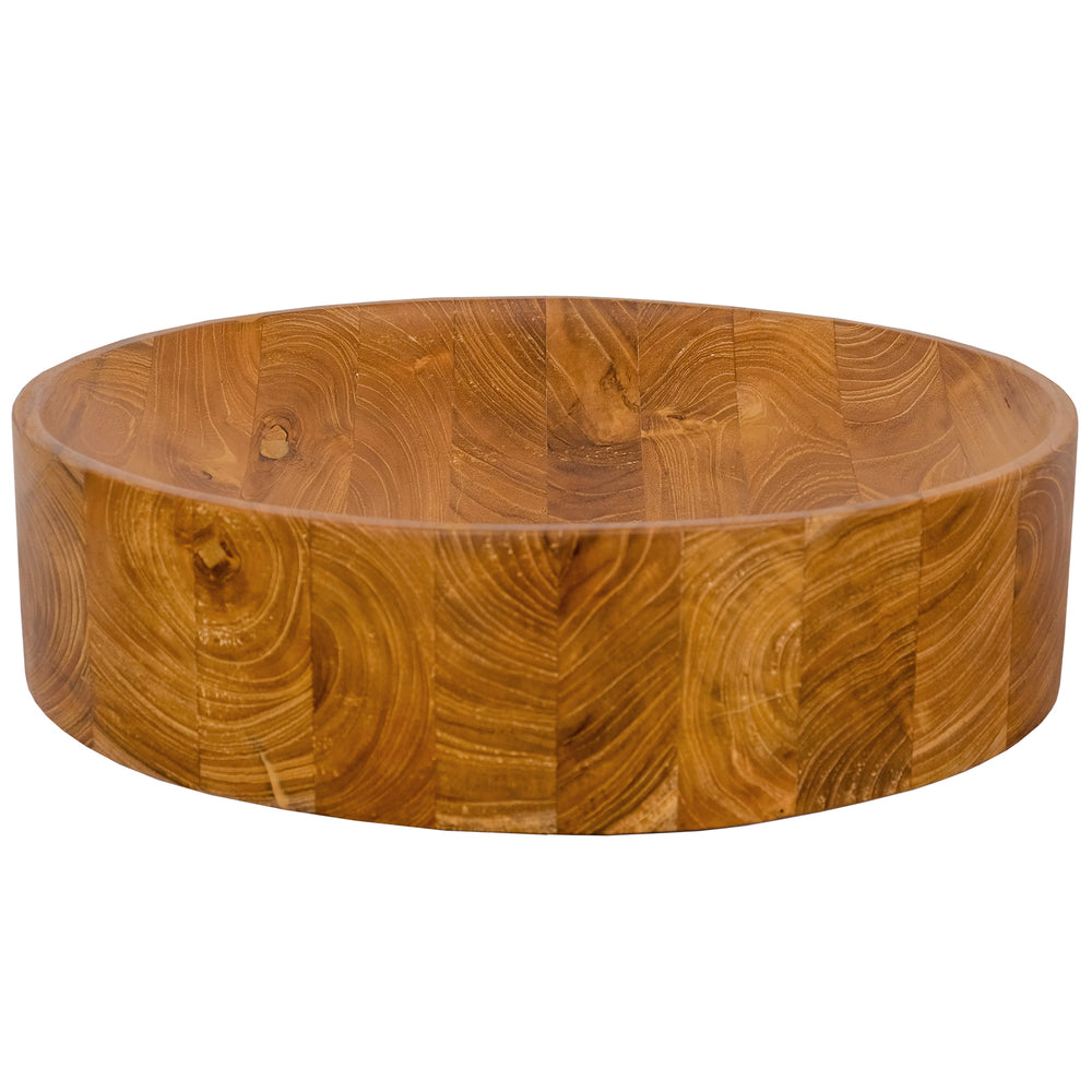 16-inch teak wood washbasin with smooth finish and rounded corners, ideal for kitchens and bathrooms.