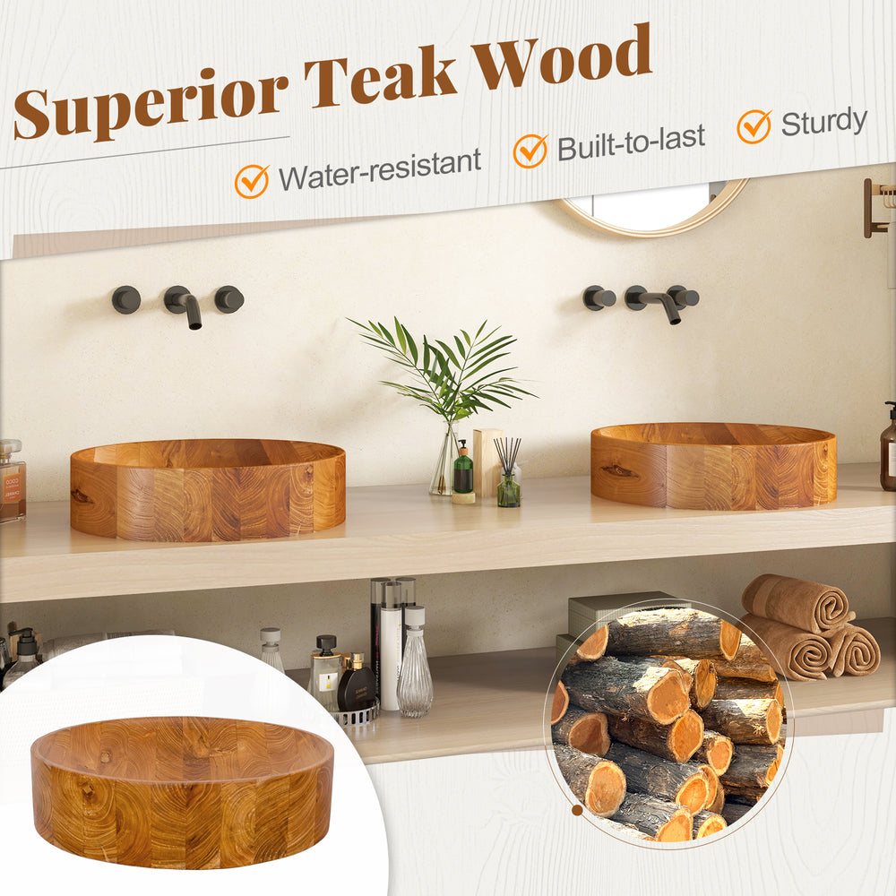 16-inch teak wood washbasin with smooth finish, rounded corners, and water-resistant surface for kitchens and bathrooms.