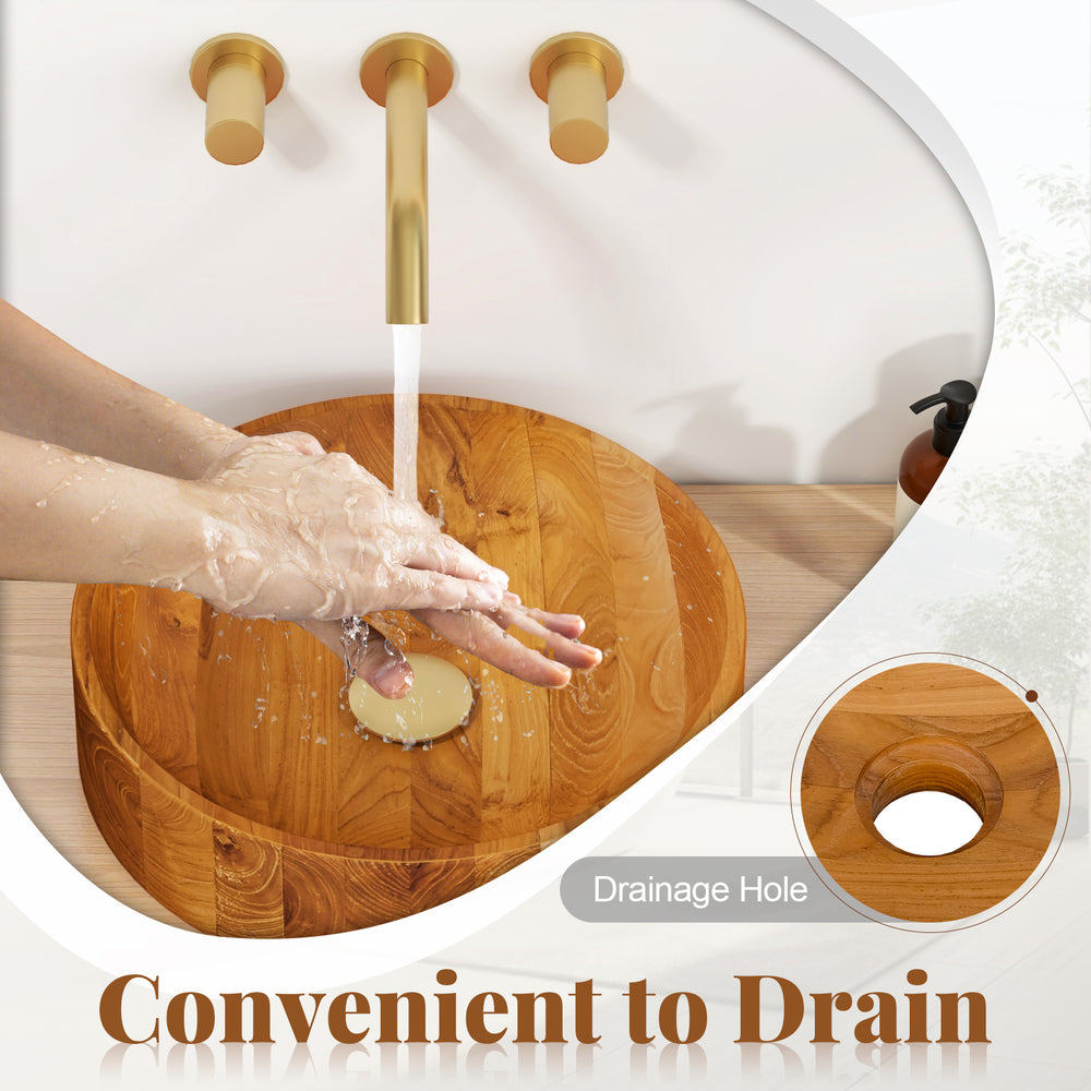 Teak wood washbasin with drainage hole, smooth finish, and rounded corners for easy cleaning in kitchens or bathrooms.