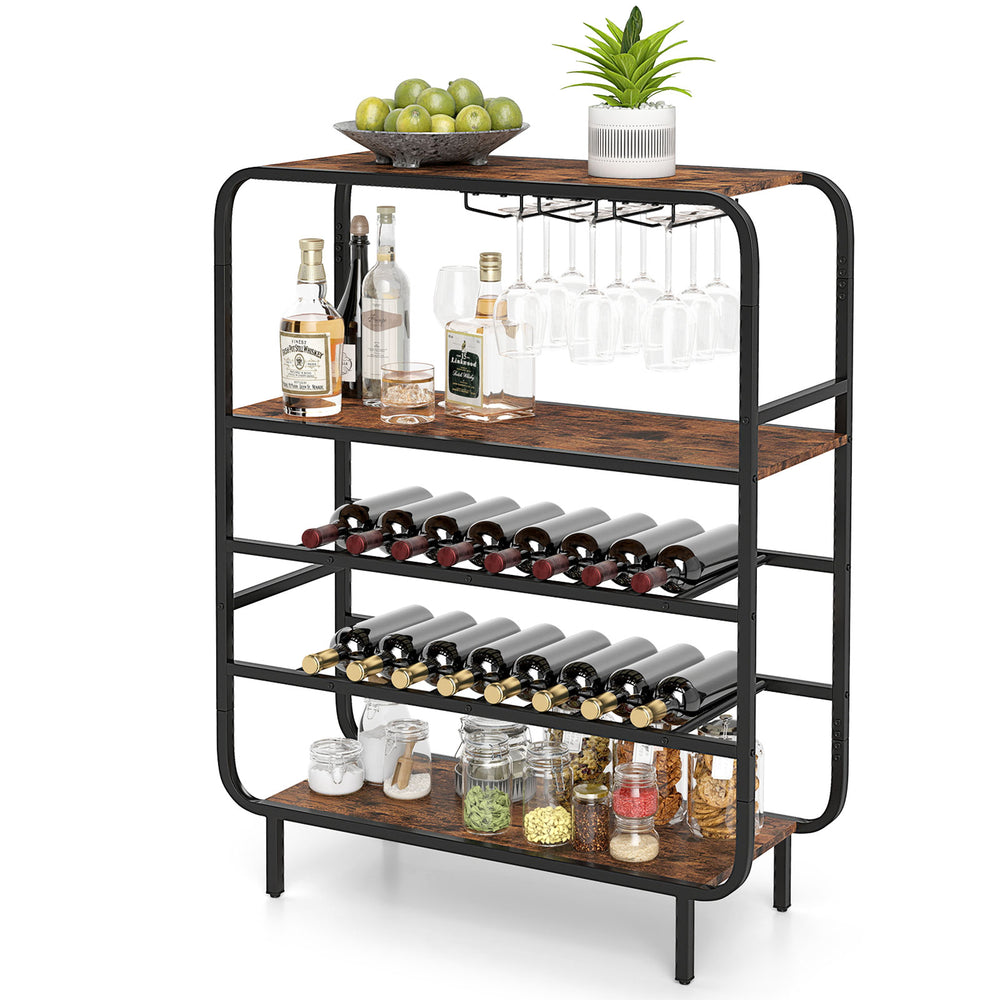 Rustic brown 5-tier wine rack with sturdy metal frame and adjustable footpads, perfect for modern kitchen or bar setup.