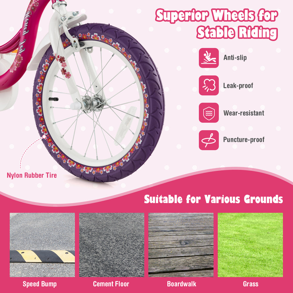 16-inch kids bike with removable training wheels, anti-slip wheels, suitable for various grounds like grass and cement.