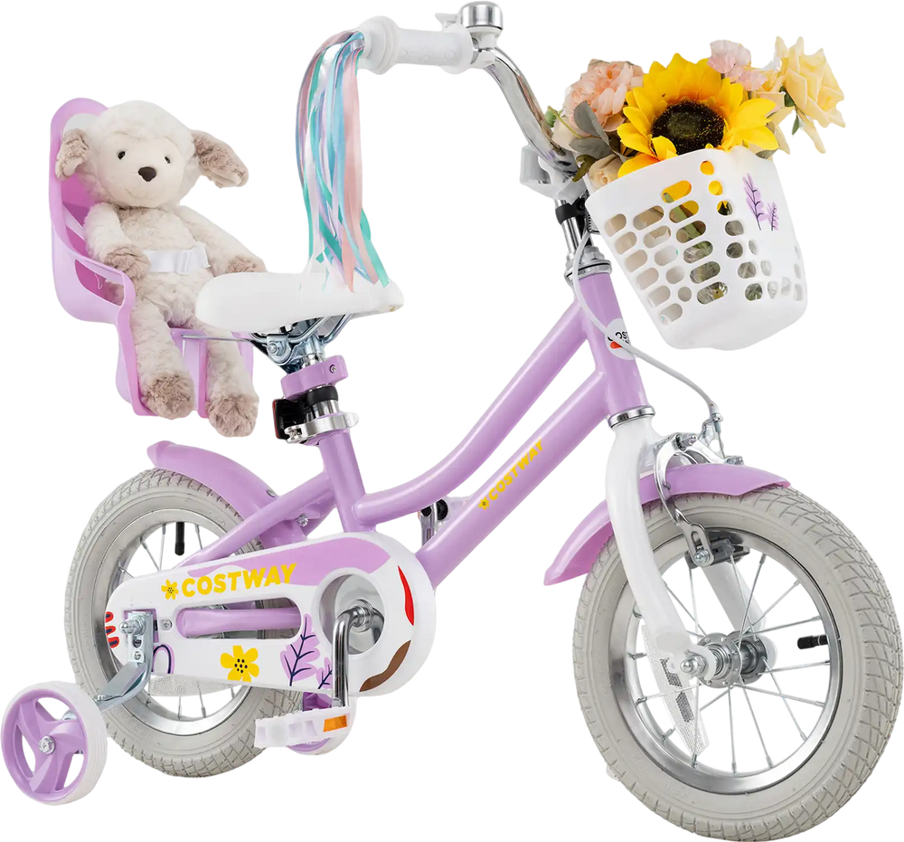 12-inch girls bike in pink with doll seat, streamers, and training wheels, perfect for children aged 3-4 years.