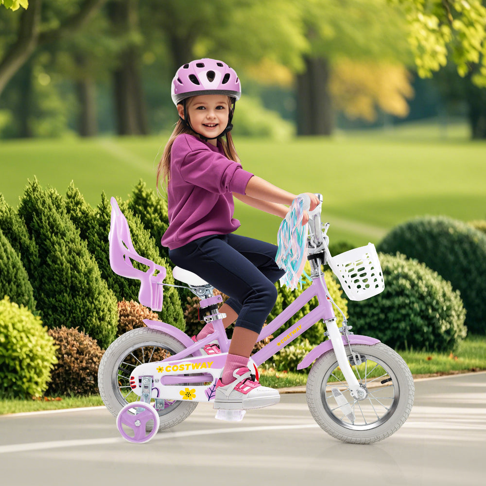 Girls 12-inch bike in pink with doll seat, streamers, and training wheels, perfect for children aged 3-4 years.