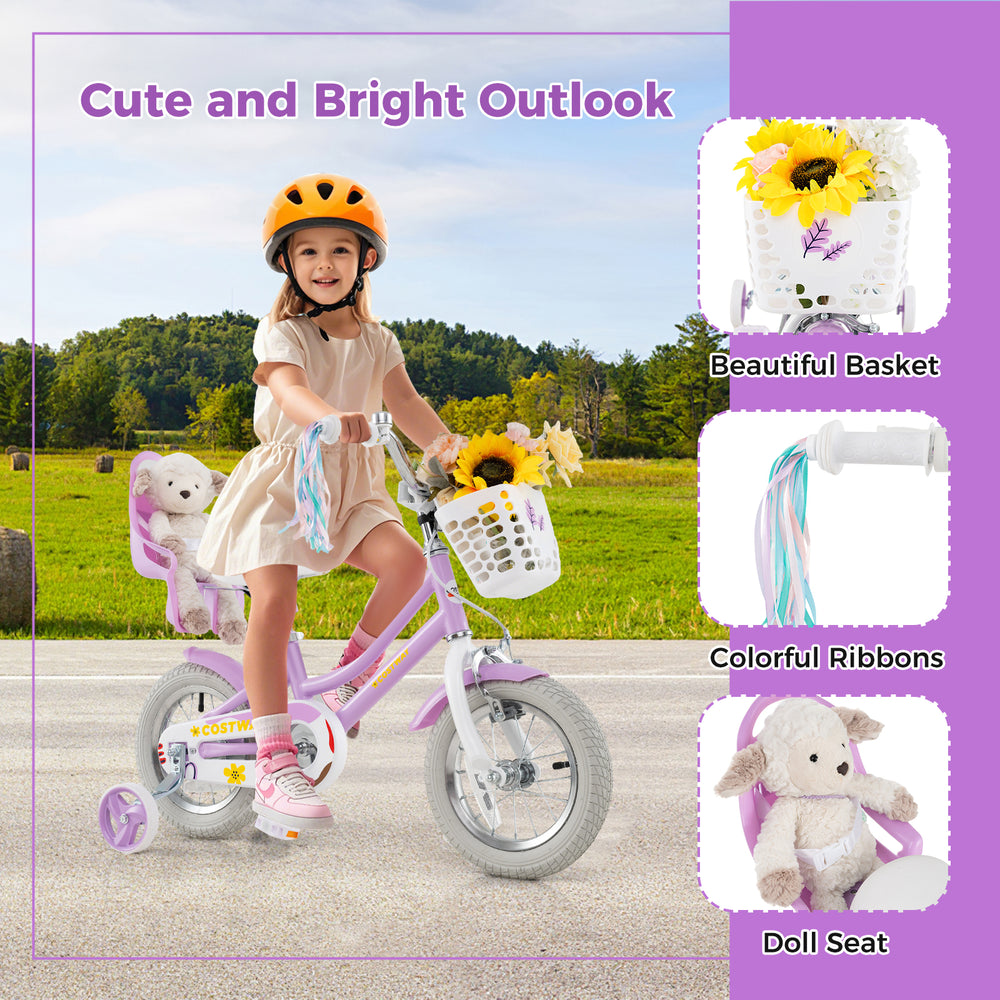 12-inch girls bike with doll seat, colorful streamers, and adjustable features for kids aged 3-4 years old.