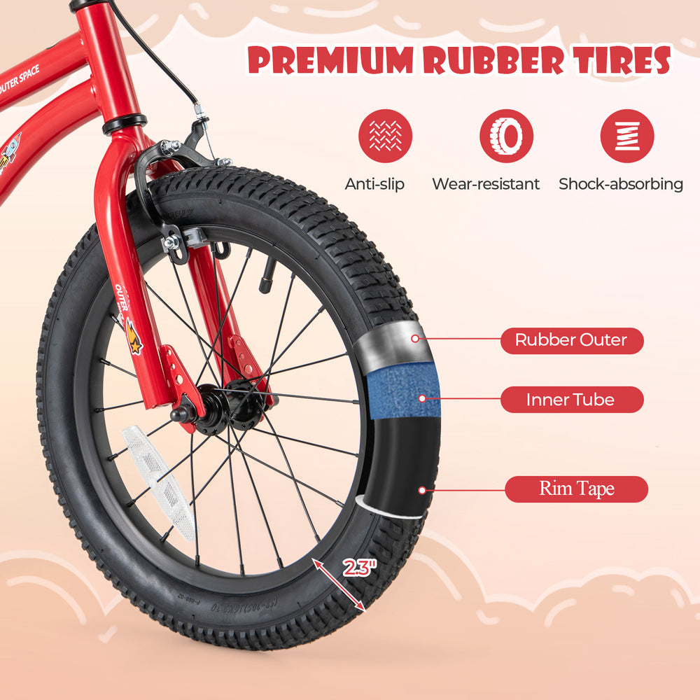 Close-up of a 16-inch kids bike tire featuring anti-slip, shock-absorbing rubber for safe riding.