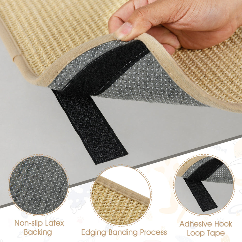 Close-up of the non-slip latex backing and adhesive hook loop tape of the 16 x 12 inch cat scratcher mat set.