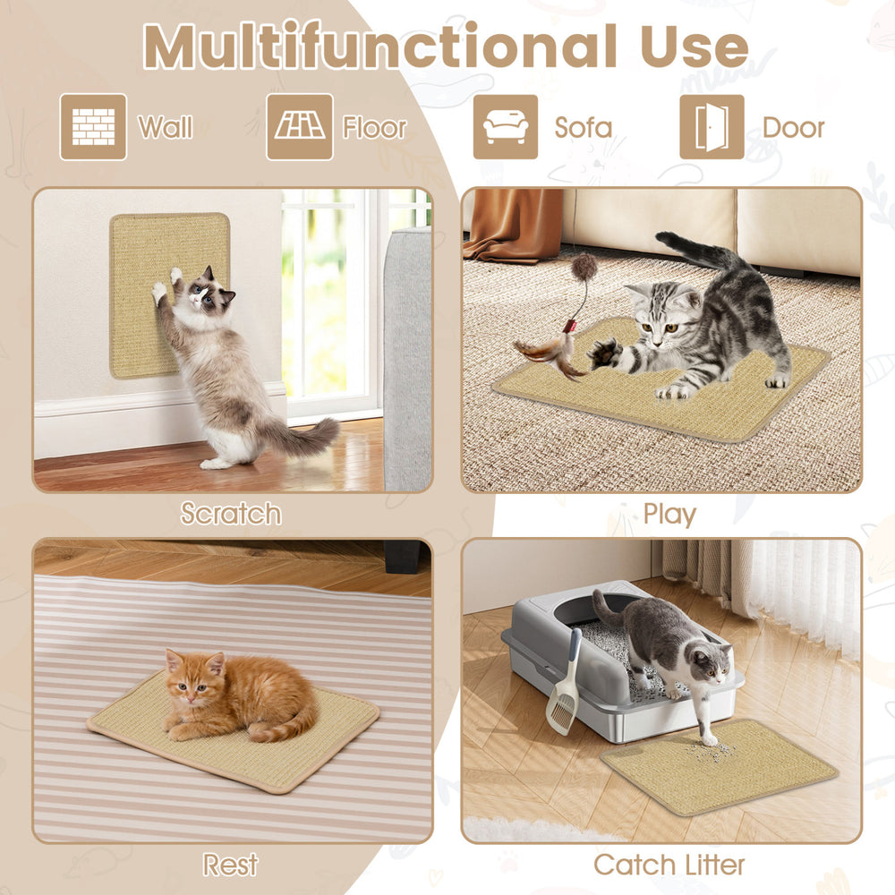 Cat scratcher mat set showcasing multifunctional use on various surfaces, crafted from durable natural sisal for.