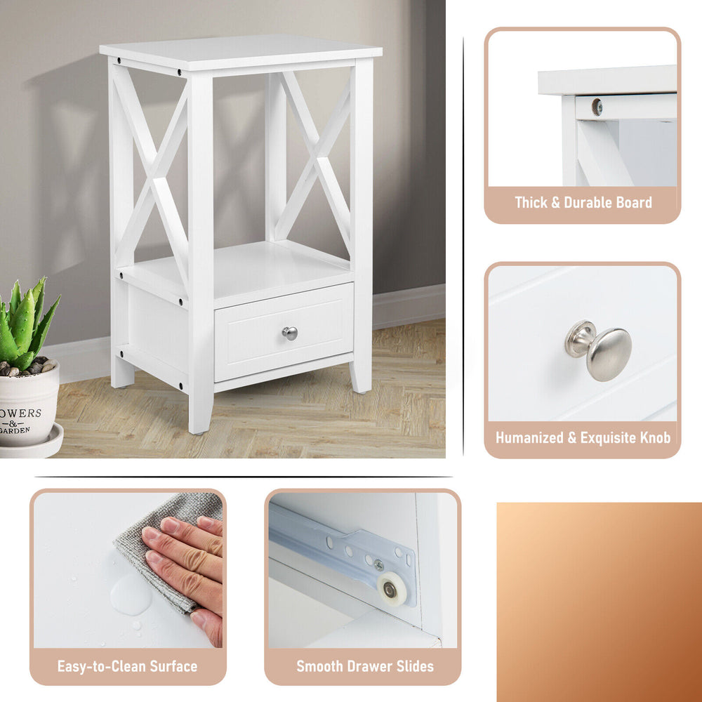 White 2-tier nightstand with storage drawer, featuring a sturdy MDF frame and X-shaped design for stability and.