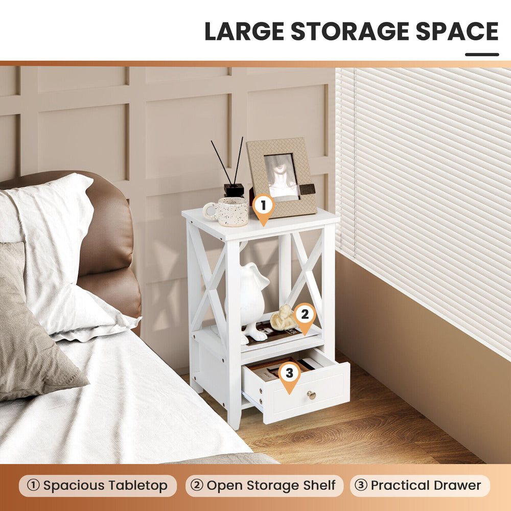 2-tier white nightstand featuring a spacious tabletop, open shelf, and practical drawer for versatile storage solutions.