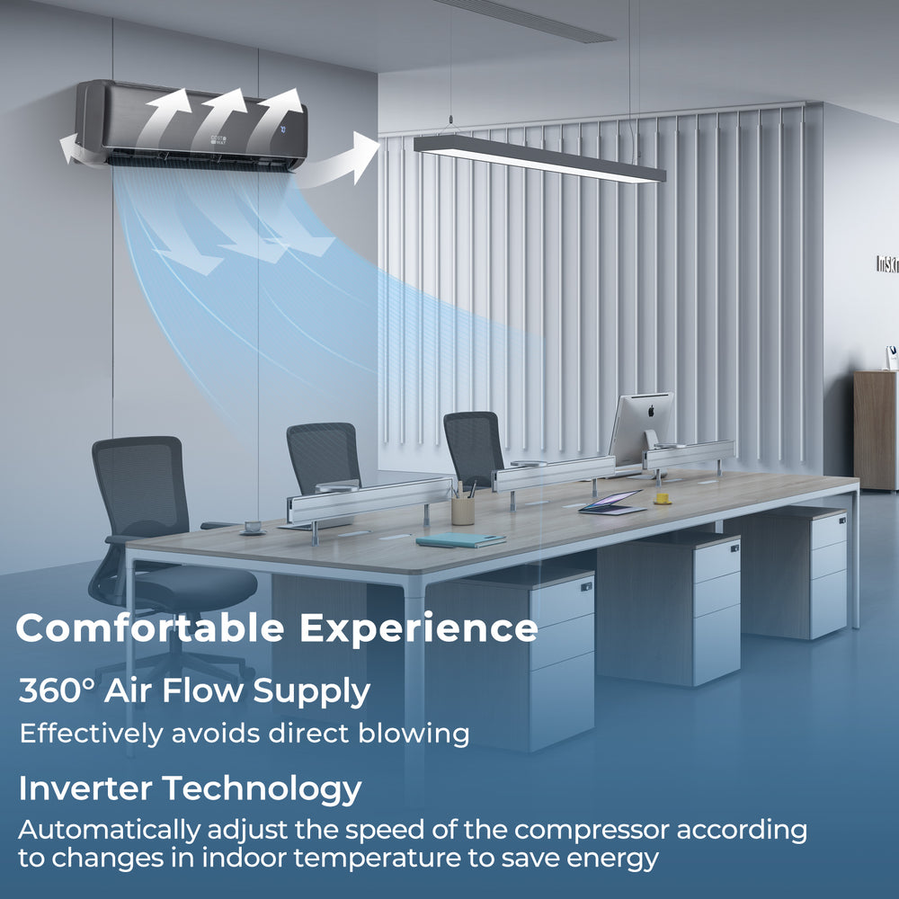 Mini split air conditioner with 360° airflow, Energy Star certified, featuring inverter technology for energy.