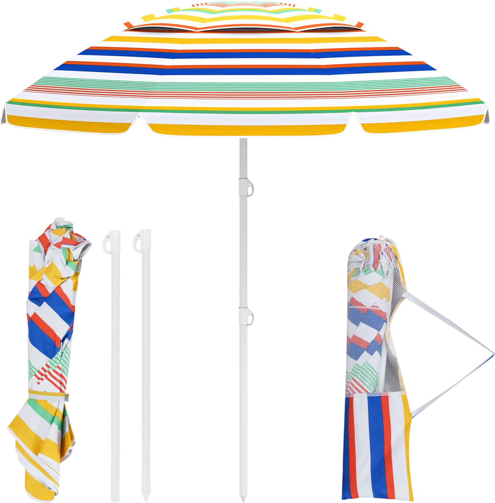 Colorful 6.5 feet beach umbrella with UPF50+ sun protection, featuring a push button tilt and compact carrying bag for.
