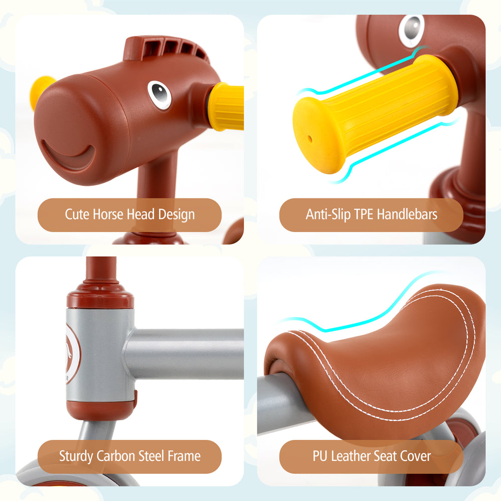 Close-up of the cute horse head design and anti-slip TPE handlebars on the brown baby balance bike for toddlers.