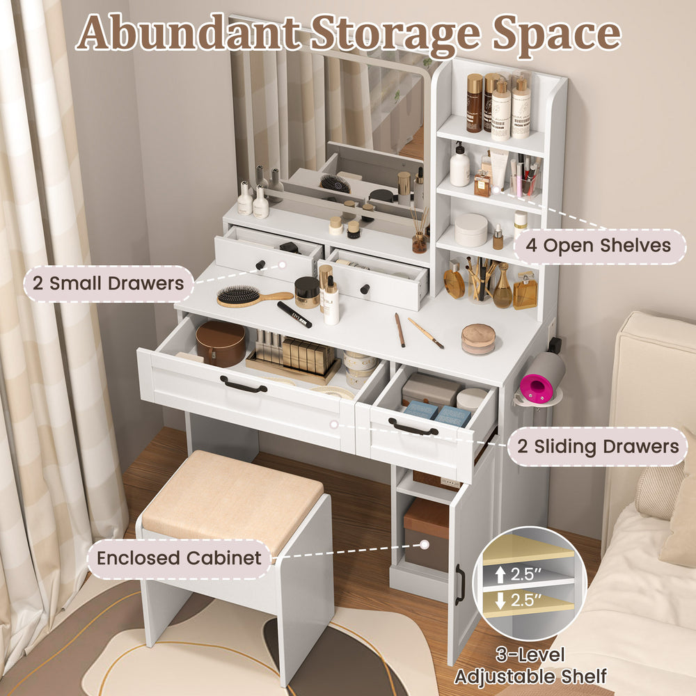 Vanity set in white featuring a mirror, adjustable lighting, and multiple storage options for organized makeup space.