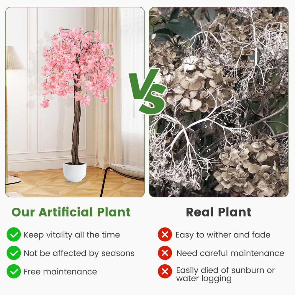 5.5 FT tall artificial cherry blossom tree with pink flowers, featuring a stable pot and realistic design for.