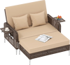 Brown 2-piece patio rattan loveseat with adjustable backrest and ottoman, featuring soft cushions for outdoor.