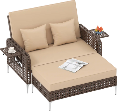 Costway Patio Rattan Wicker Daybed Loveseat Ottoman Adjustable Backrest 50594577 New