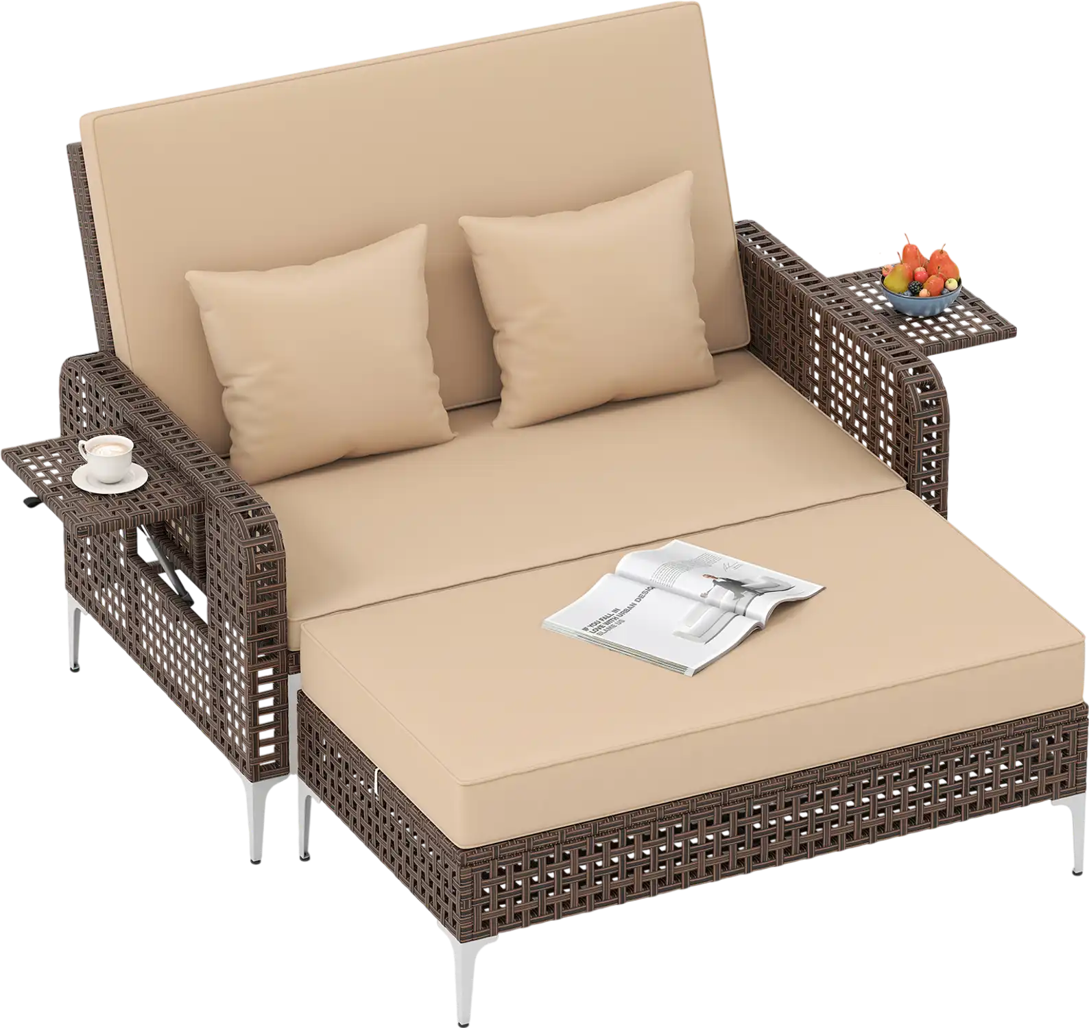 Costway 2-Piece Patio Rattan Wicker Daybed Loveseat Ottoman Adjustable Backrest 50594577 New
