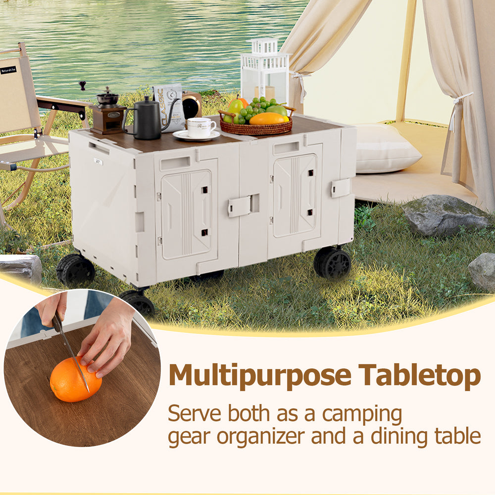 Large foldable utility cart with a tabletop, ideal for camping and dining, featuring 2-tier storage crates and wheels.