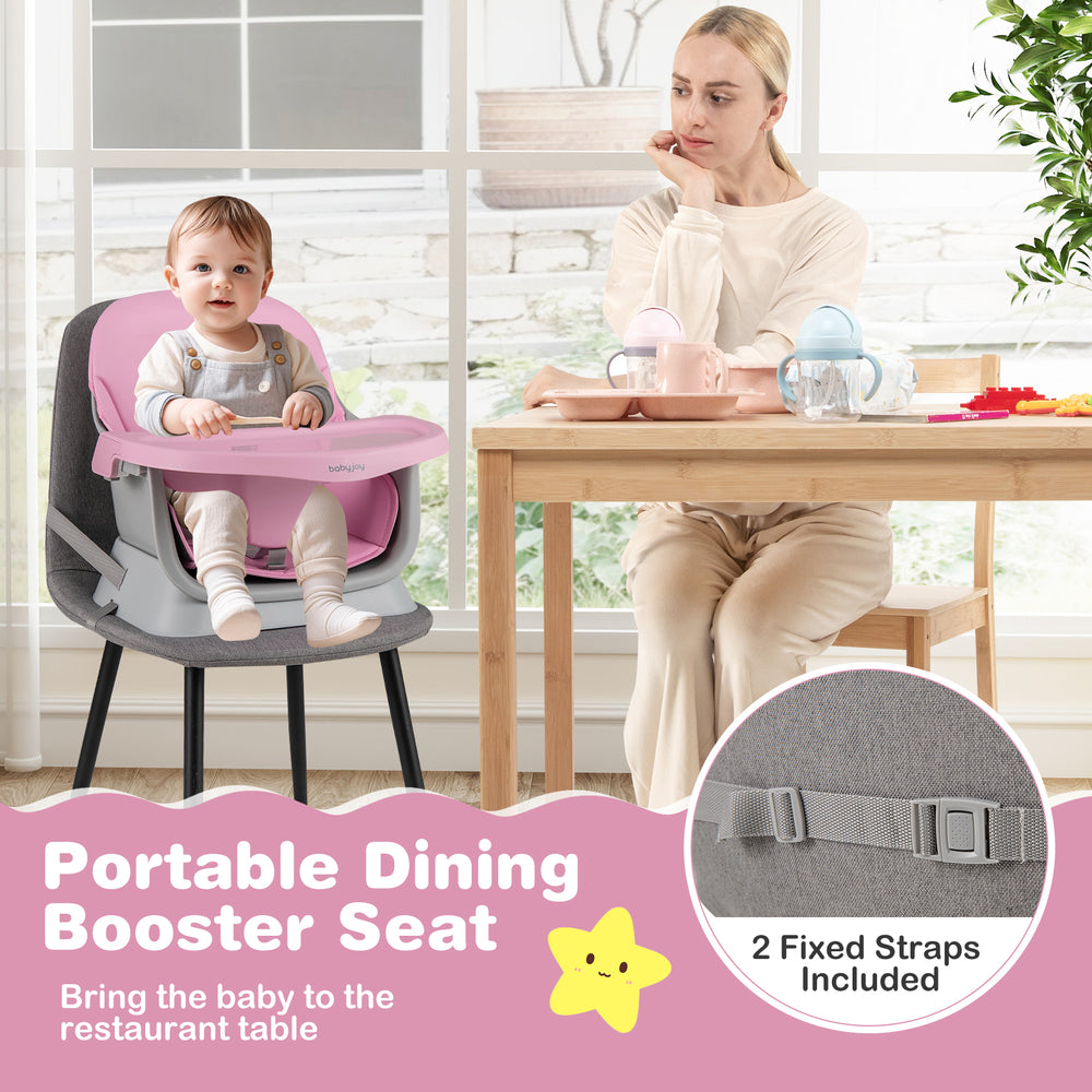 Portable pink baby booster seat with adjustable straps, ideal for dining and activity, suitable for toddlers and babies.