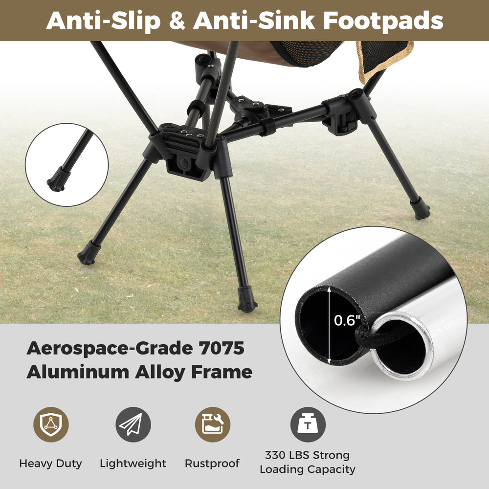 Portable camping chair with heavy-duty aerospace-grade 7075 aluminum frame and anti-slip footpads for stability.
