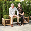 Natural fir wood patio bench with planter, seating for two, ideal for gardens and outdoor spaces.