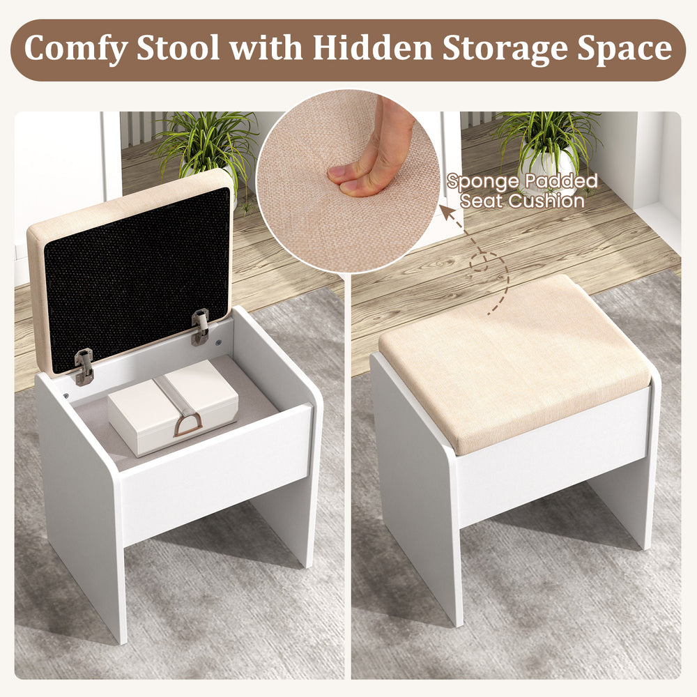 Comfy stool with hidden storage space, featuring a sponge padded seat cushion for added comfort and organization.