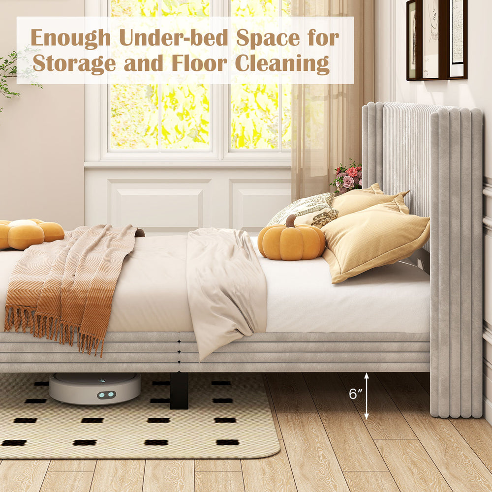 Queen size velvet bed frame with tufted wingback headboard, featuring under-bed space for storage and easy cleaning.