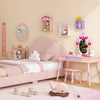Twin bed frame and vanity table set in pink, featuring soft velvet fabric and 12 storage cubes for kids' room.