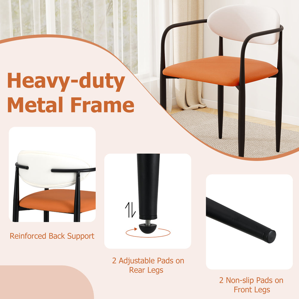 Modern dining chair with padded seat, curved back, and heavy-duty metal frame, featuring adjustable and non-slip pads.