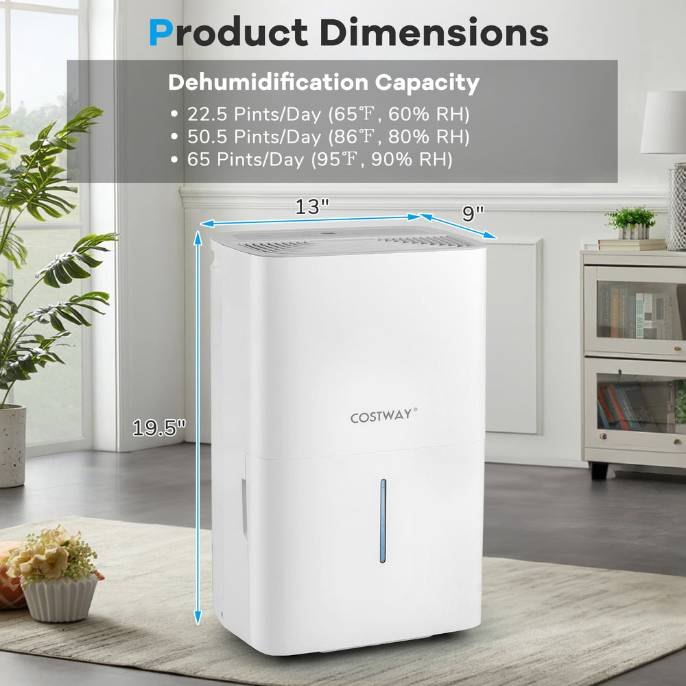 65 Pints dehumidifier dimensions with LED display, 24-hour timer, and large water tank for efficient humidity control.