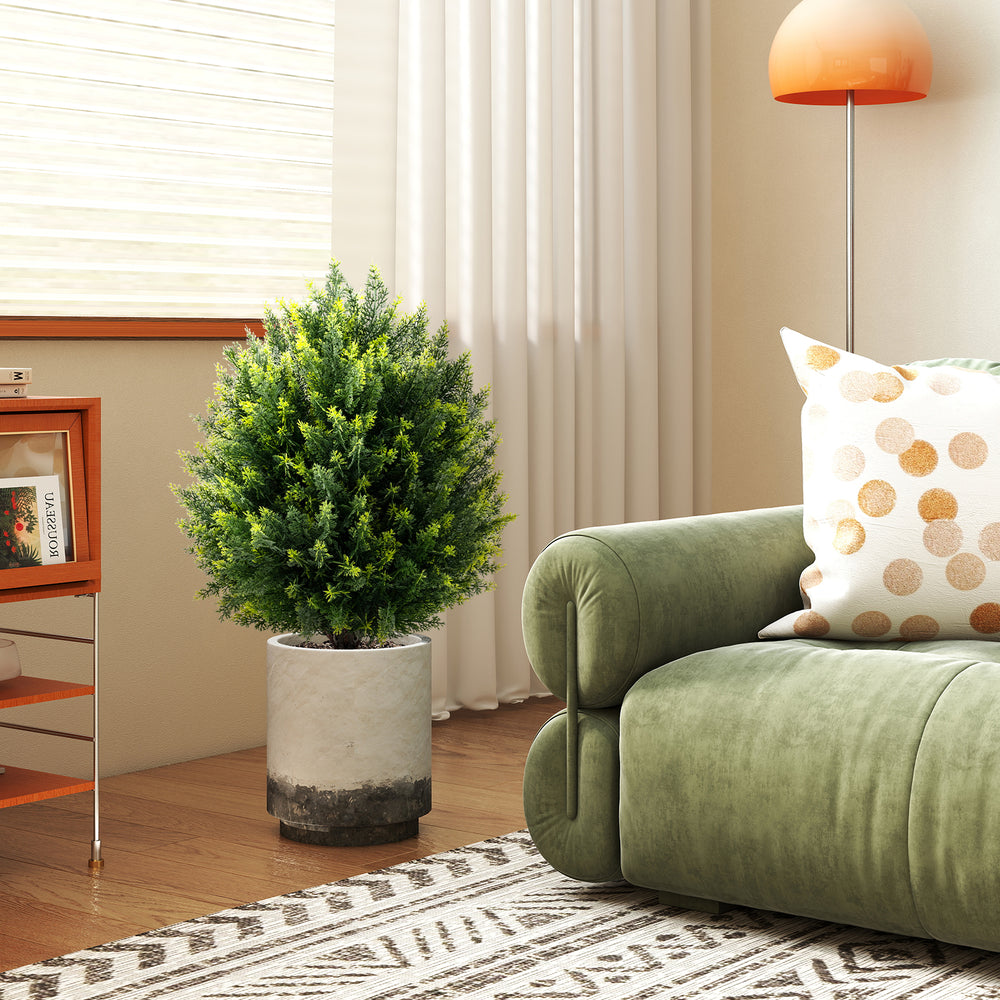 24-inch artificial cypress topiary ball tree in a decorative pot, perfect for indoor and outdoor decoration.