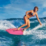 Lightweight bodyboard with EPS core and XPE deck, ideal for surfing, featuring bright colors and a crescent tail design.