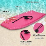 Lightweight pink bodyboard with EPS core and XPE deck, featuring a leash for safety, ideal for outdoor surfing.