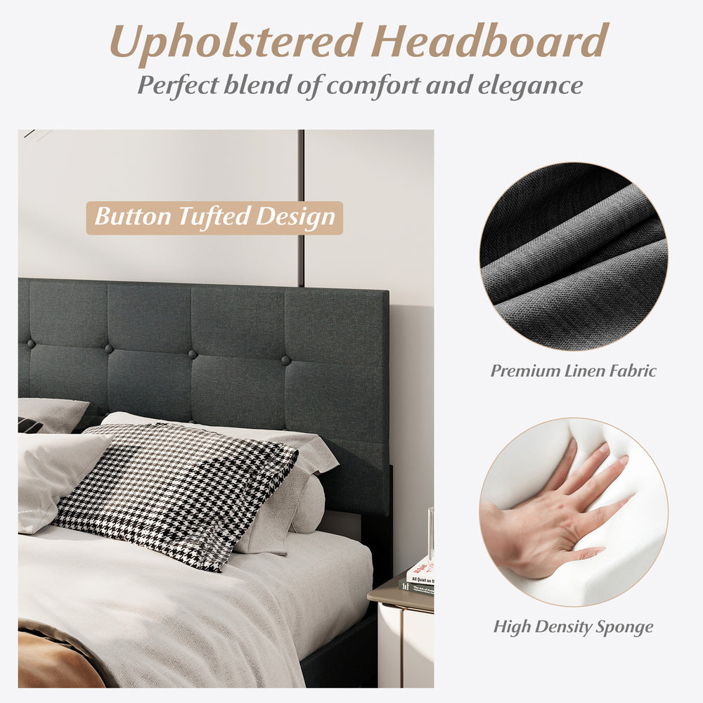 Upholstered headboard in dark gray with button tufted design, made of premium linen fabric for queen size bed frame.