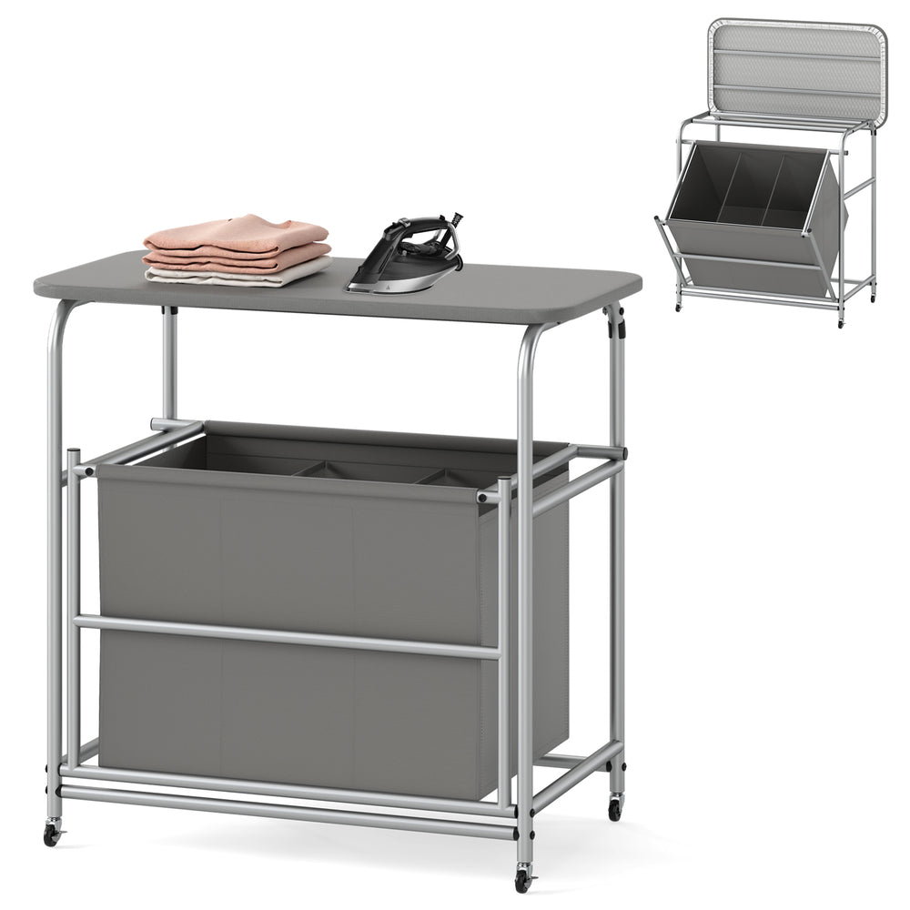 3-section laundry sorter with foldable ironing board, gray fabric baskets, and lockable wheels for easy sorting and.