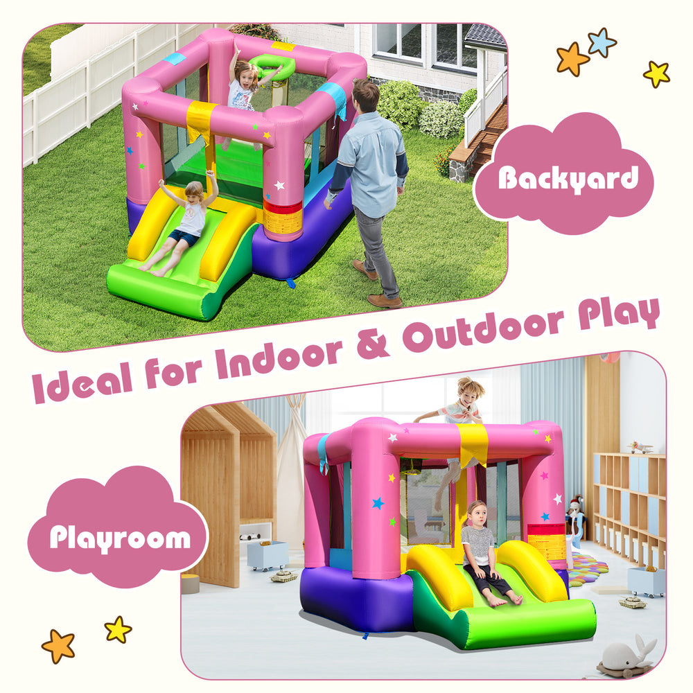 Inflatable bounce house with slide and basketball hoop, made of durable 420D oxford cloth, for indoor and outdoor play.