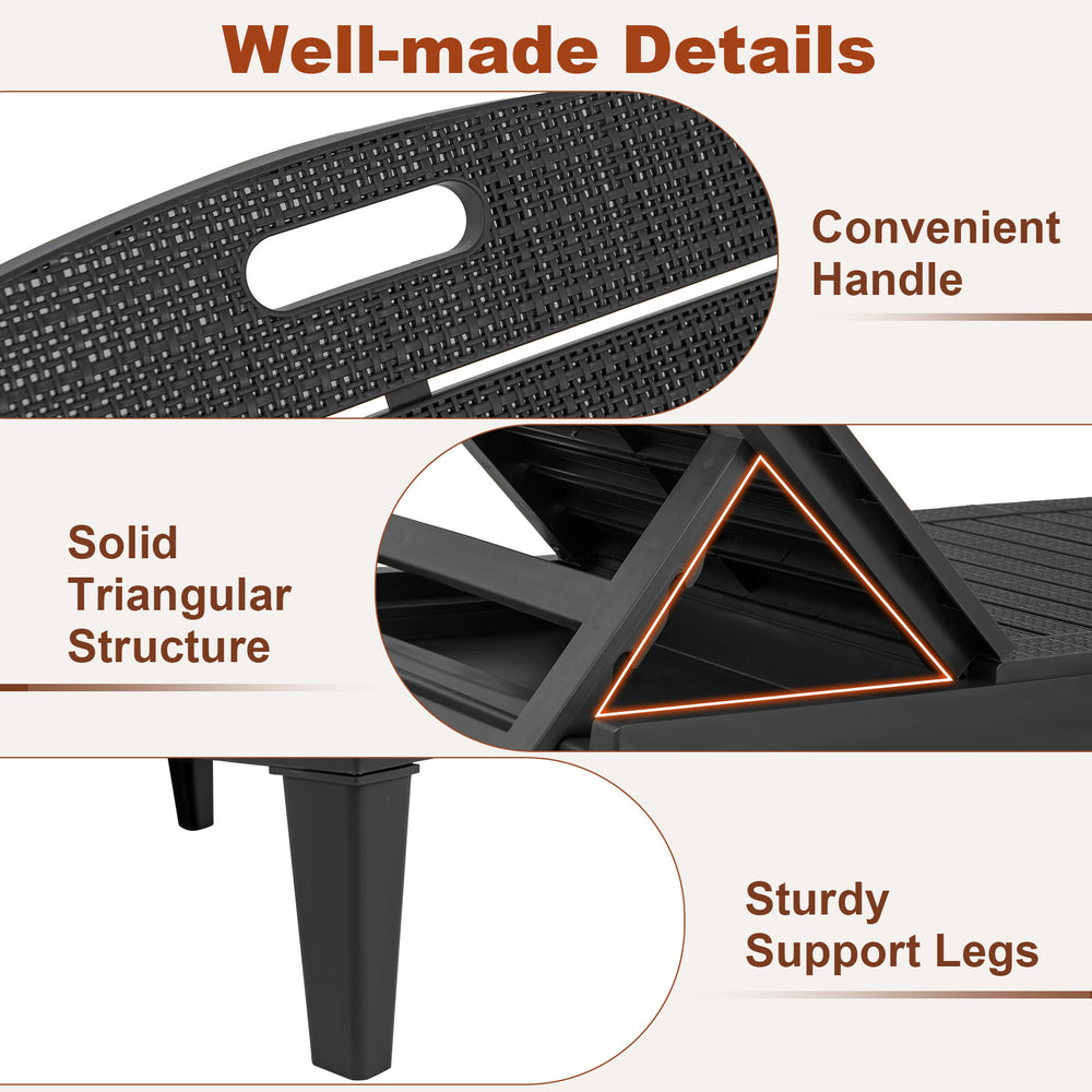 Close-up of the adjustable backrest and sturdy support legs of the black outdoor PP chaise lounge chair set.