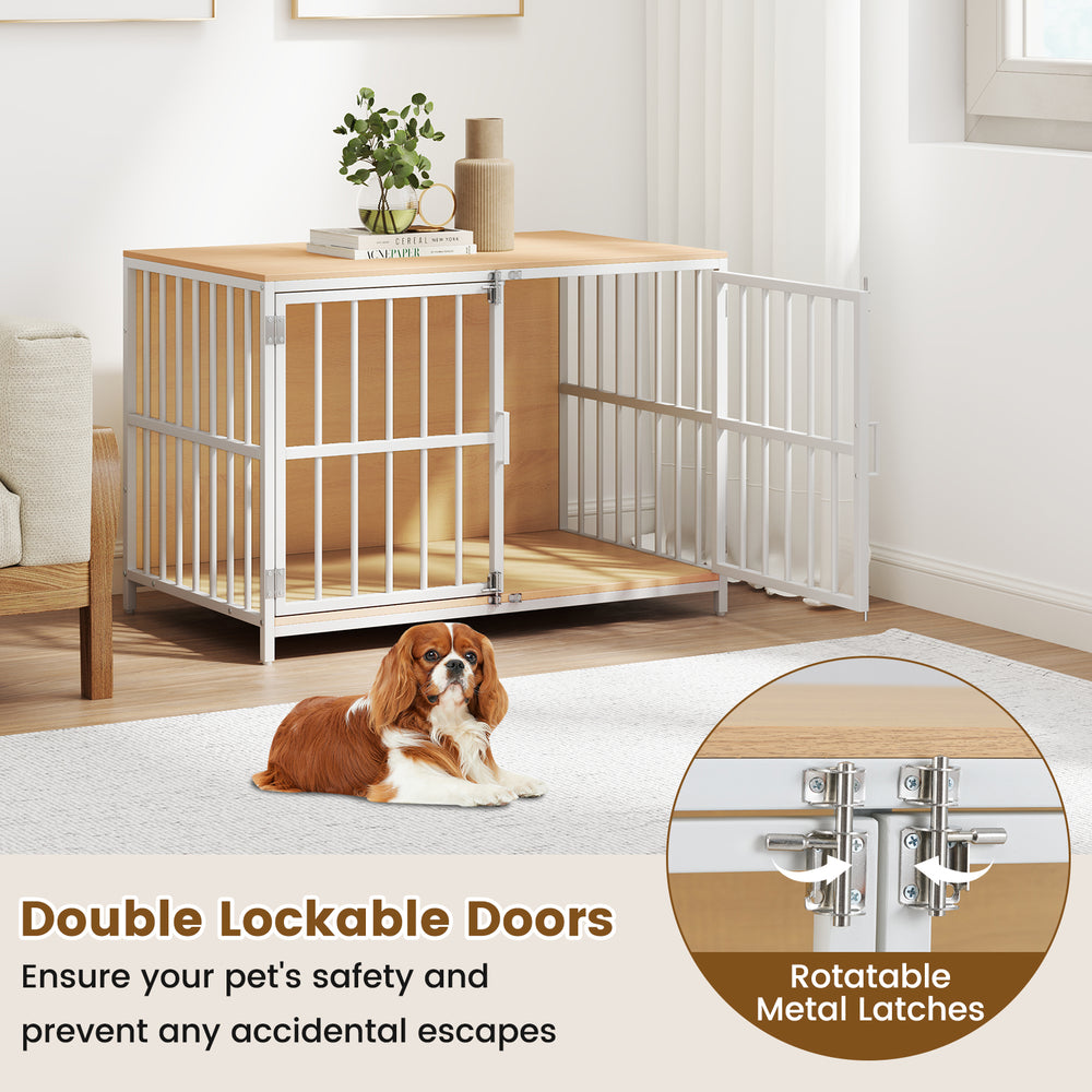 40-inch dog crate furniture with dual lockable doors, featuring a stable wood bottom and rotatable metal latches for.