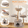 Multi-level cat tree in brown with plush fabric, natural wood trunk, and sisal scratching posts for climbing and.