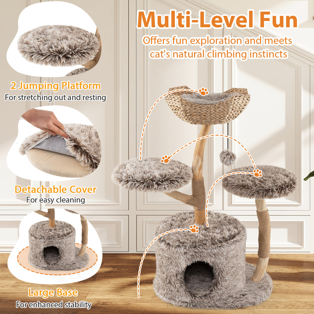 Multi-level cat tree in brown with plush fabric, natural wood trunk, and sisal scratching posts for climbing and.