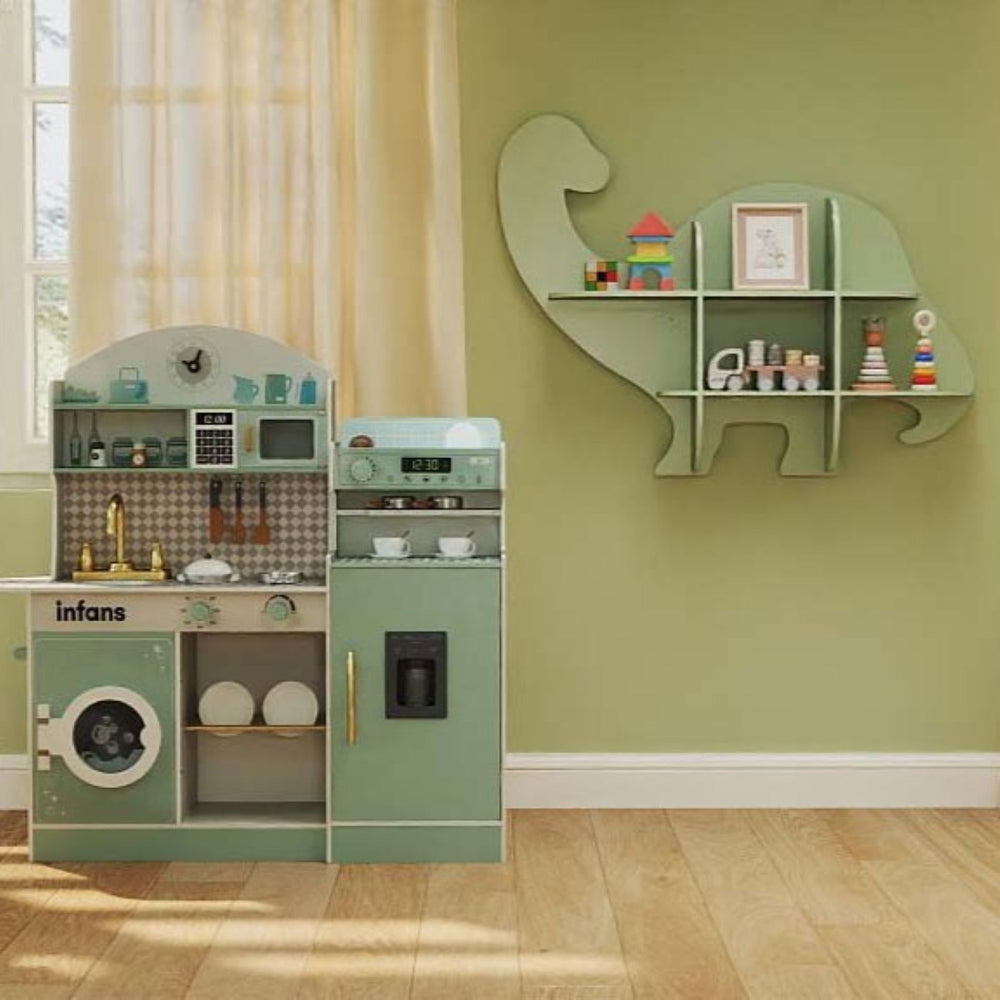 Kids play kitchen set with interactive features and storage, perfect for imaginative play in homes or playrooms.