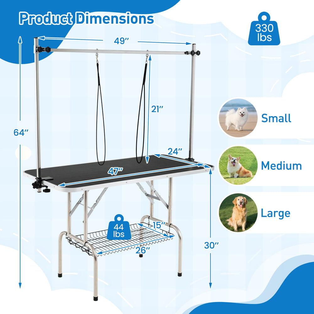Foldable dog grooming table with height adjustable arms, sturdy frame, and non-slip waterproof tabletop for pet care.