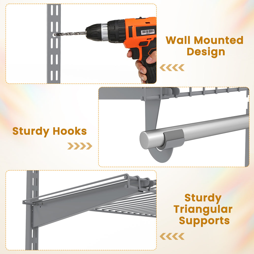 Close-up of sturdy hooks and triangular supports on a grey wall-mounted closet organizer for versatile storage.
