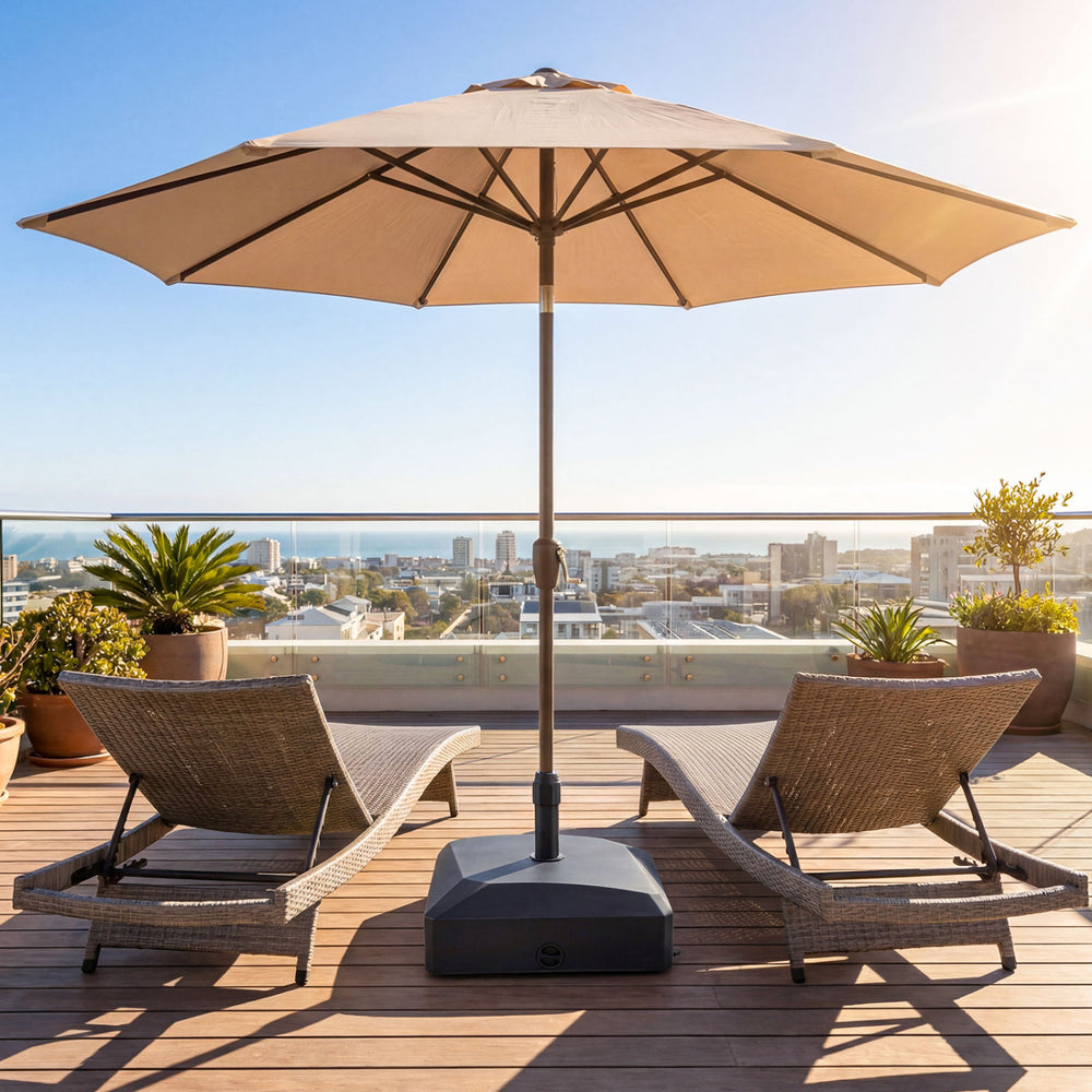 Fillable mobile umbrella base with wheels, designed for 6-10 ft umbrellas, providing stable support for outdoor use.